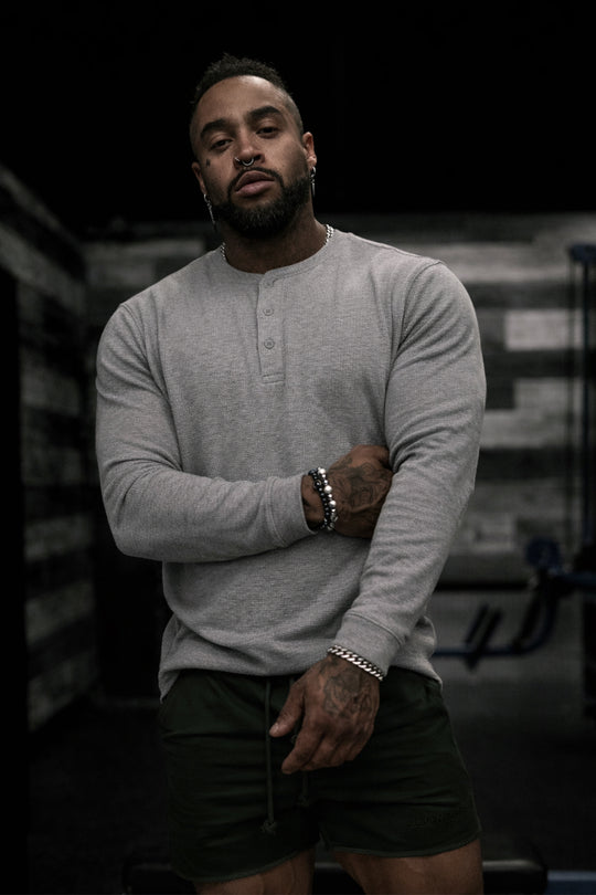 Waffle Knit Henley Long Sleeve T-Shirt - Dark Gray