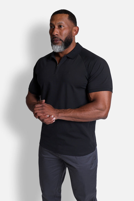 Zip-Up Muscle-Fit Collared Tee - Black