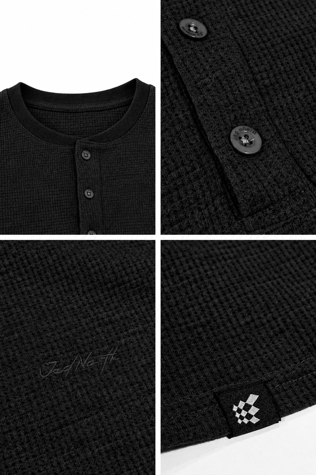 Waffle Knit Henley Long Sleeve T-Shirt - Black